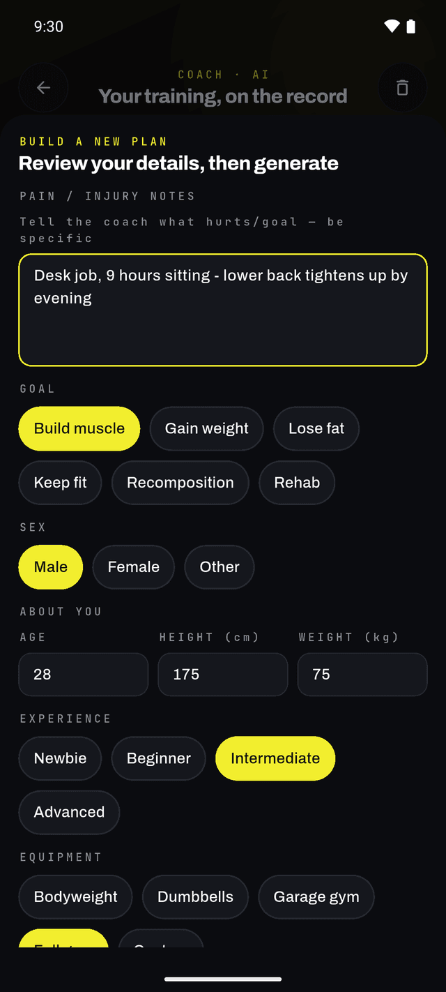 FitMe AI, Adaptive AI Personal Trainer screen fragment
