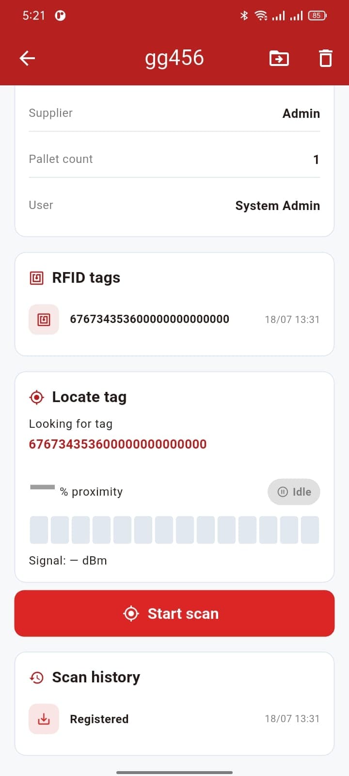 RFID Pallet Search & Locate app screen
